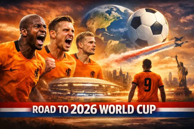 Netherlands 2026 World Cup preview showing Dutch players, a stadium, and a USA skyline backdrop