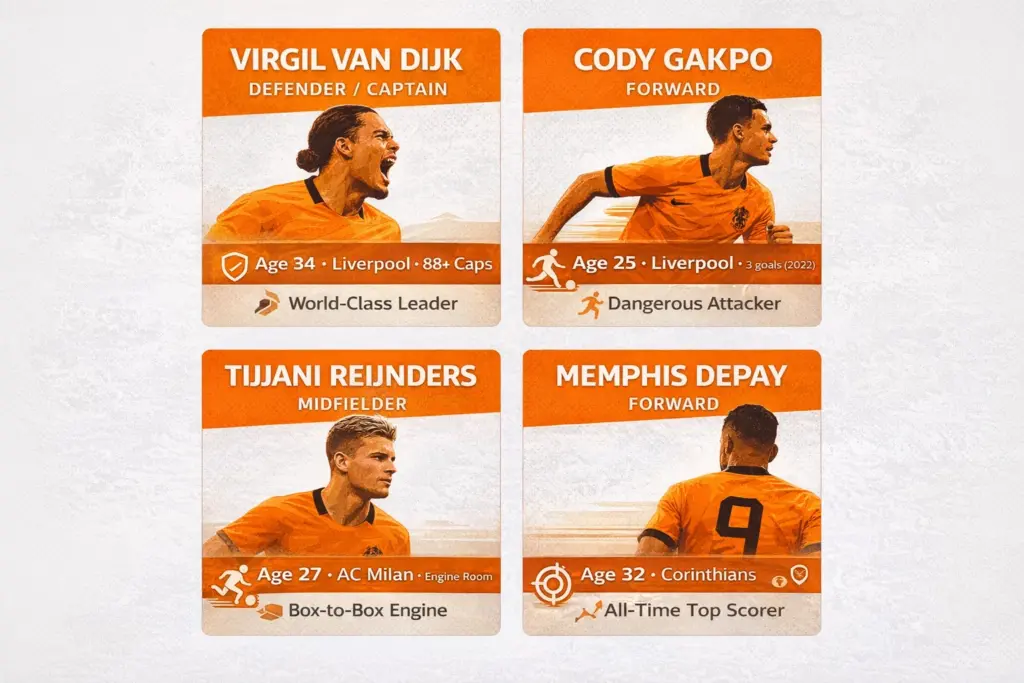 Netherlands 2026 World Cup key players — Van Dijk, Gakpo, Reijnders and Depay profile cards with ages and clubs