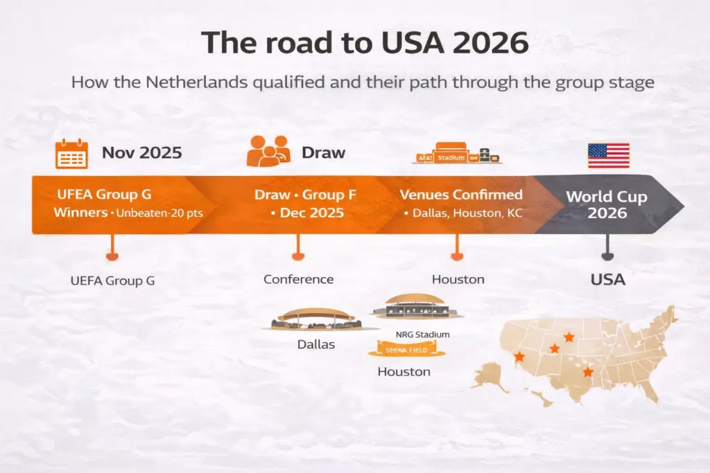 Netherlands qualifying journey to 2026 World Cup timeline showing unbeaten run through UEFA Group G and group stage venues