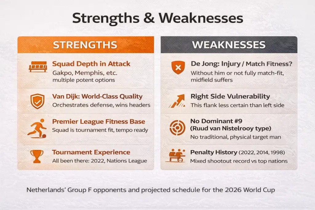 Netherlands 2026 World Cup strengths and weaknesses comparison showing four strengths and four weaknesses