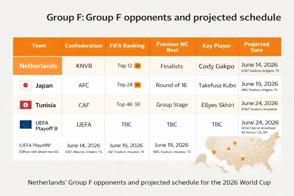 Group F table showing Netherlands, Japan, Tunisia and UEFA Playoff B winner for 2026 World Cup with projected match dates and venues in Dallas, Houston and Kansas City
