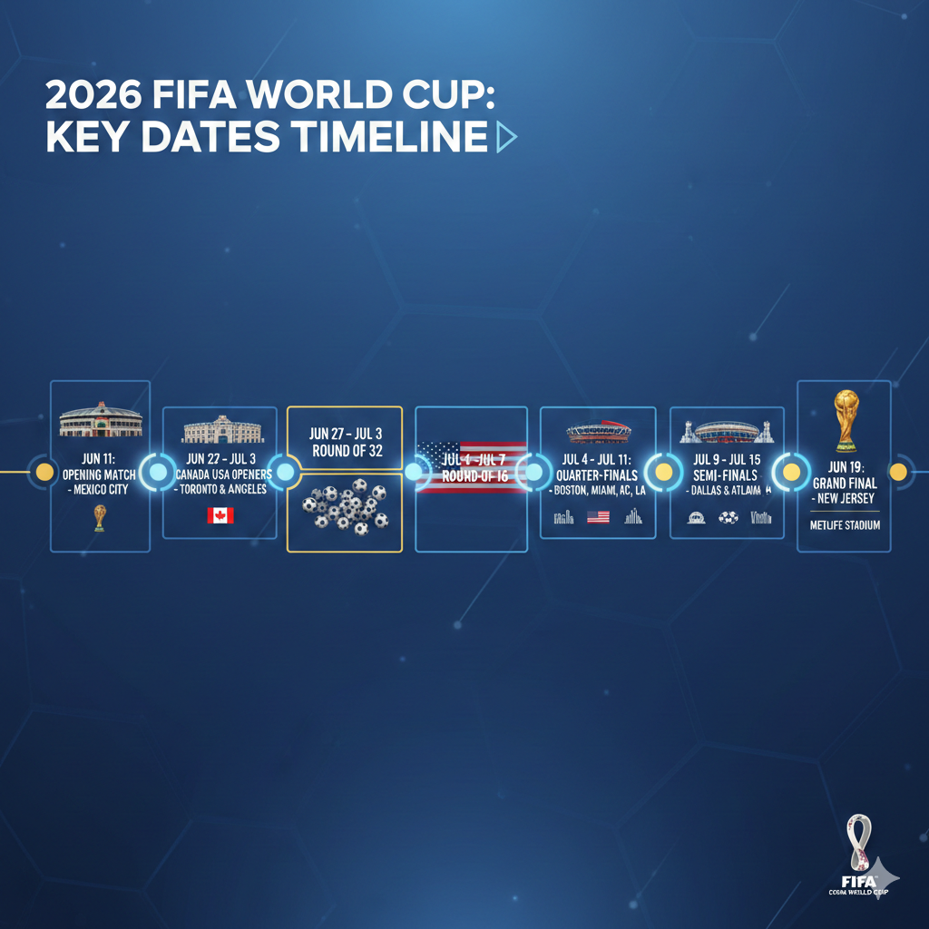 A horizontal timeline infographic for the 2026 FIFA World Cup set against a blue hexagonal background. The timeline features icons of stadiums and national flags, marking key milestones from the Opening Match in Mexico City on June 11 to the Grand Final at MetLife Stadium in New Jersey on July 19.