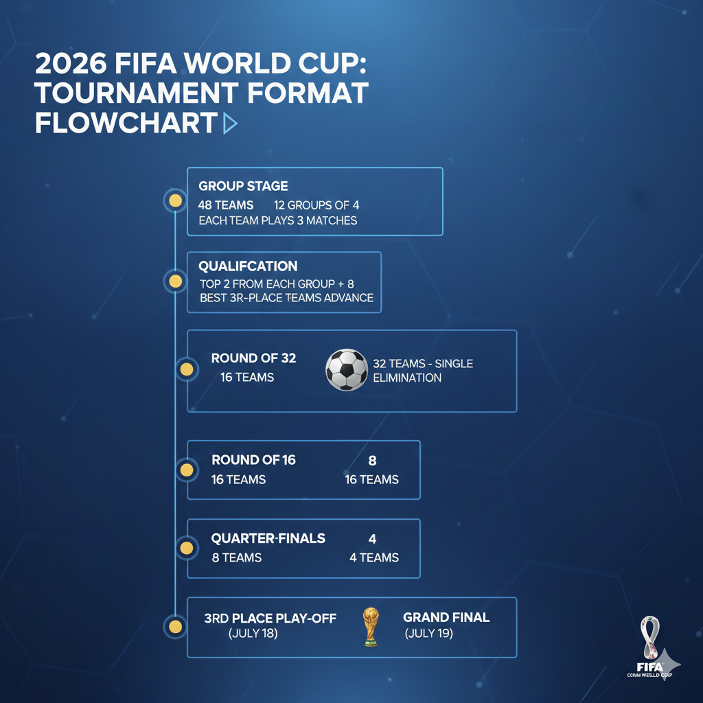 A vertical flowchart against a blue background illustrating the 2026 World Cup stages. It outlines the progression from the Group Stage (48 teams) and the Qualification process to the Round of 32, Round of 16, Quarter-finals, and concluding with the 3rd Place Play-off and Grand Final.