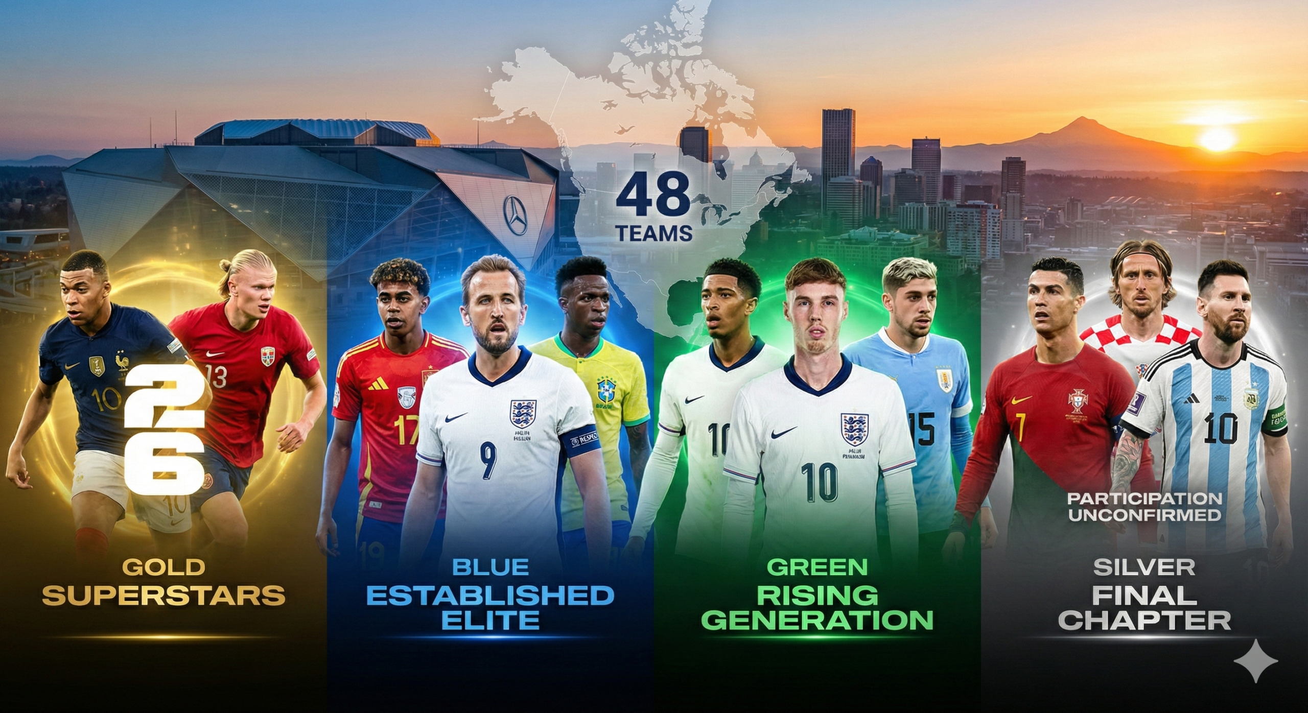 A panoramic banner image for the 2026 World Cup article, divided into four colored zones: Gold for 'Superstars' featuring Mbappé and Haaland; Blue for 'Established Elite' with Yamal, Kane, and Vinicius Jr; Green for 'Rising Generation' with Bellingham, Palmer, and Valverde; and Silver for 'Final Chapter' with Ronaldo, Modrić, and Messi (marked 'Participation Unconfirmed'). The background shows a North American stadium, city, and a map with '48 TEAMS' text