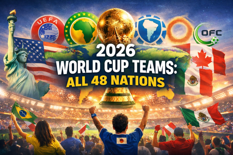 2026 World Cup Teams: All 48 Nations banner image featuring a packed stadium, FIFA World Cup trophy, world map backdrop, confederation icons, and the USA–Canada–Mexico host flags.