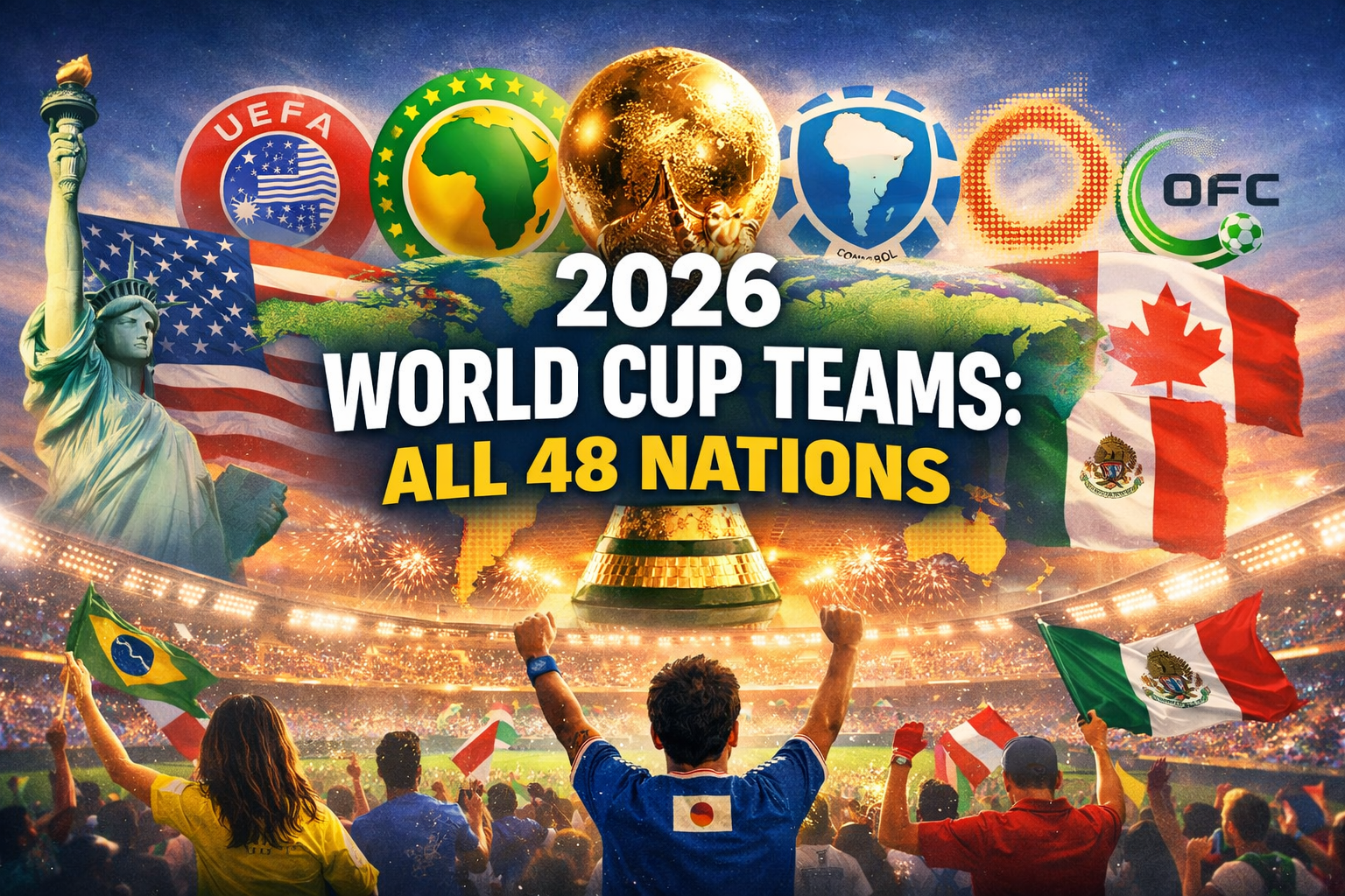 2026 World Cup Teams: All 48 Nations — Complete Guide by Confederation 2 2026 World Cup Teams: All 48 Nations banner image featuring a packed stadium, FIFA World Cup trophy, world map backdrop, confederation icons, and the USA–Canada–Mexico host flags.