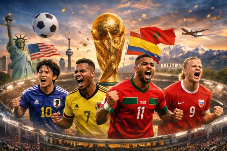 2026 World Cup Dark Horses: 8 Teams That Could Surprise Everyone 1 Illustrated World Cup 2026 banner showing four celebrating footballers representing dark-horse nations in front of a packed stadium, with national flags, a sunset sky, and tournament-themed visuals suggesting global travel and high-stakes knockout drama.