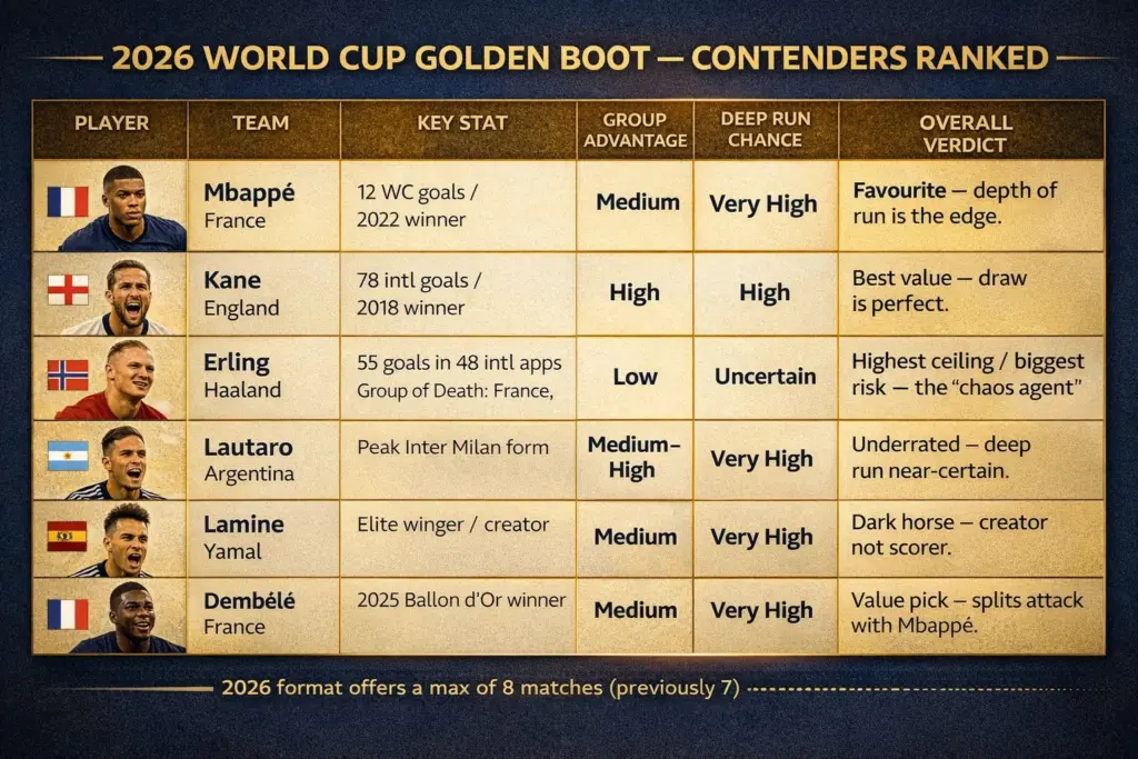 2026 World Cup Golden Boot contenders comparison table ranking Mbappé, Kane, Haaland, Lautaro, Yamal and Dembélé by group advantage, deep-run chance and overall verdict.