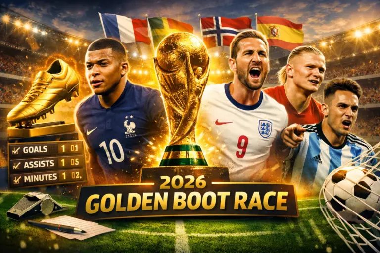 2026 World Cup Golden Boot race banner featuring leading contenders, a golden boot theme, and a stadium backdrop representing the tournament top-scorer race.