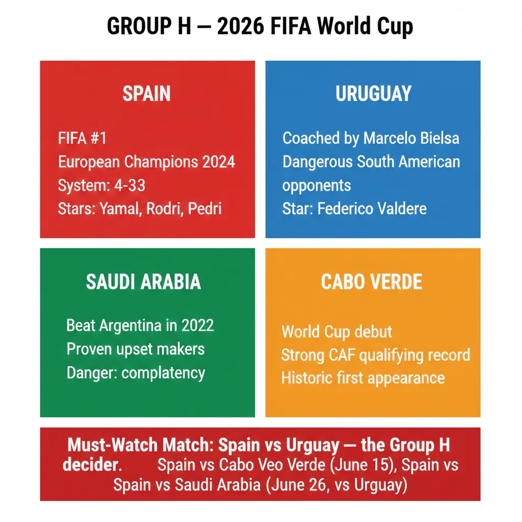 Infographic showing the four teams in 2026 FIFA World Cup Group H — Spain, Uruguay, Saudi Arabia, and Cabo Verde — with key facts
