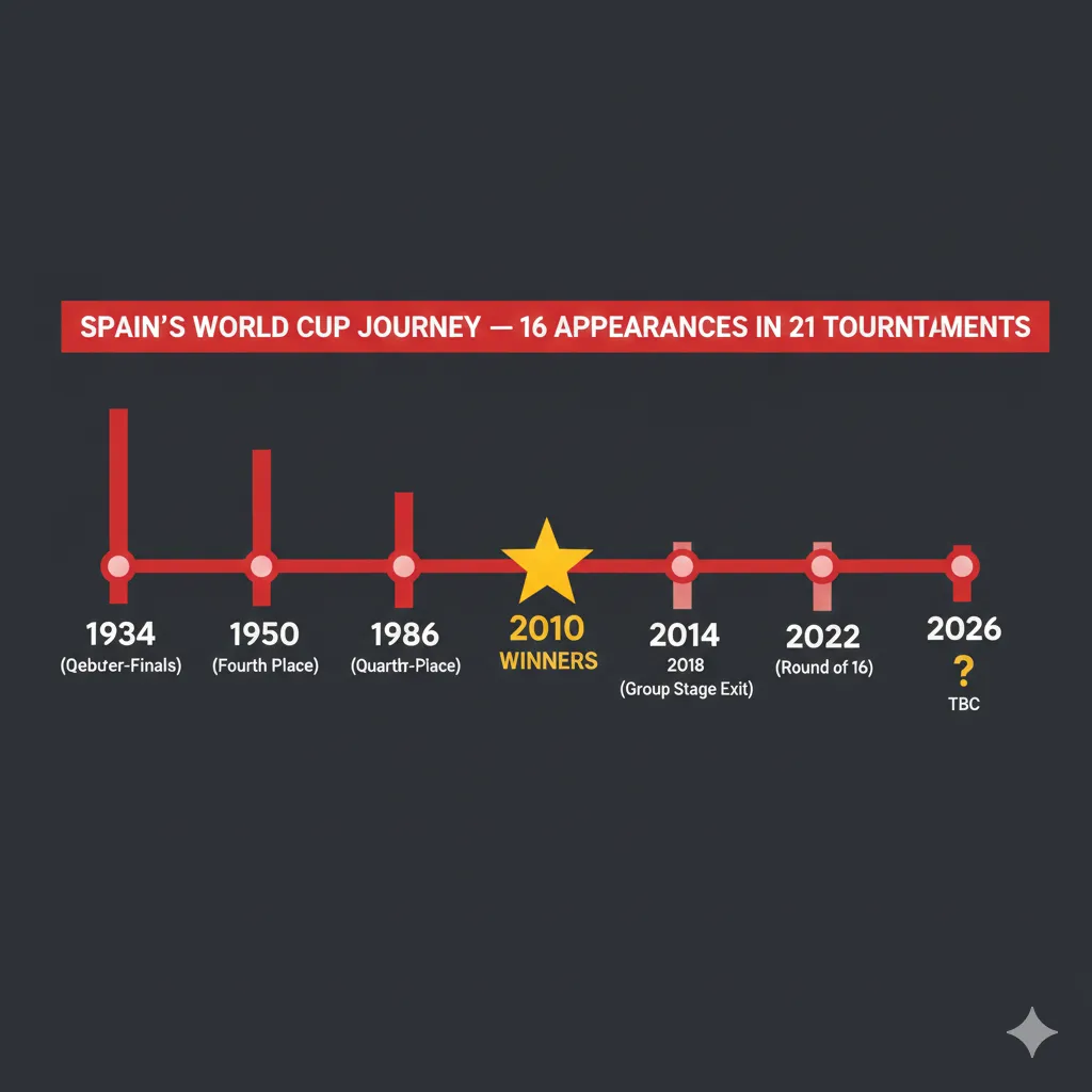 Timeline of Spain's FIFA World Cup history from 1934 to 2026 highlighting their 2010 World Cup win and subsequent tournament exits