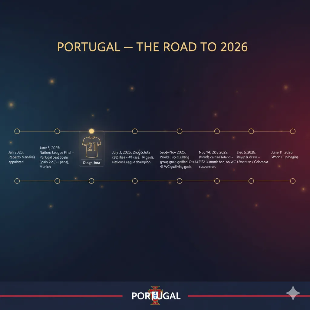 Timeline of Portugal's journey to the 2026 World Cup from Martínez's appointment through the Nations League win, Diogo Jota's passing, and World Cup qualifying to Group K*