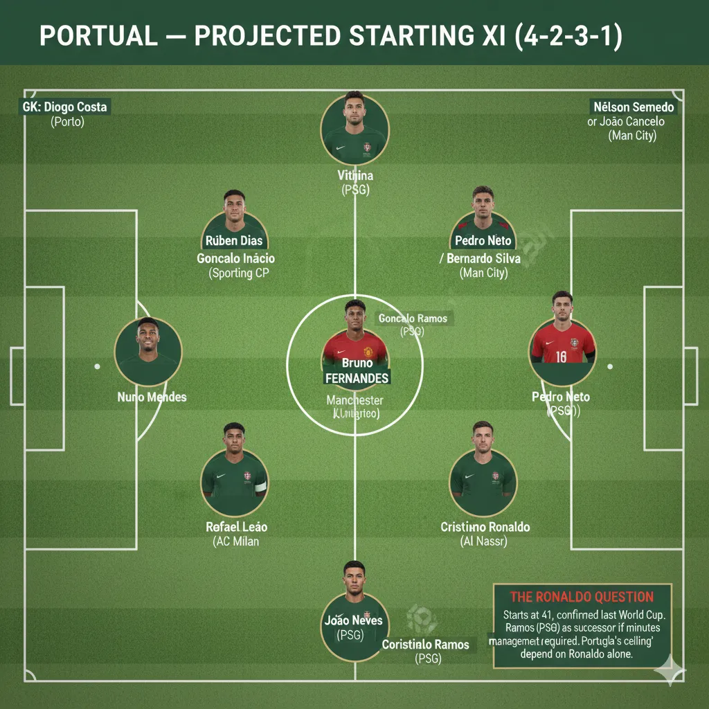 A clean pitch diagram titled PORTUGAL — PROJECTED STARTING XI 4 2 3 1
