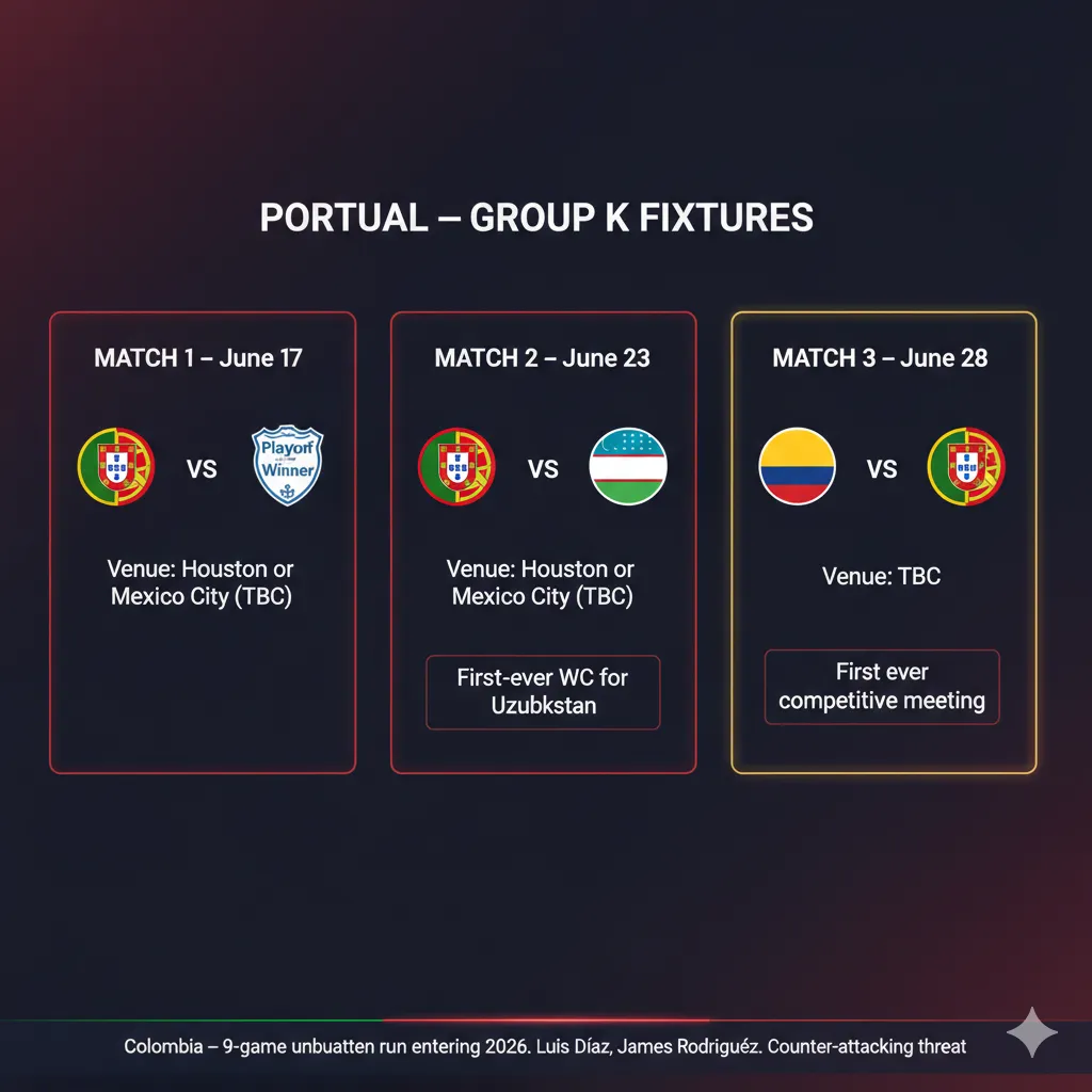 Portugal's three Group K fixture cards for the 2026 World Cup showing matches against playoff winner, Uzbekistan, and Colombia