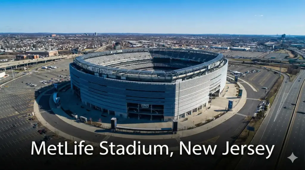 An aerial photograph of MetLife Stadium in East Rutherford, New Jersey, the venue for the 2026 World Cup Final.