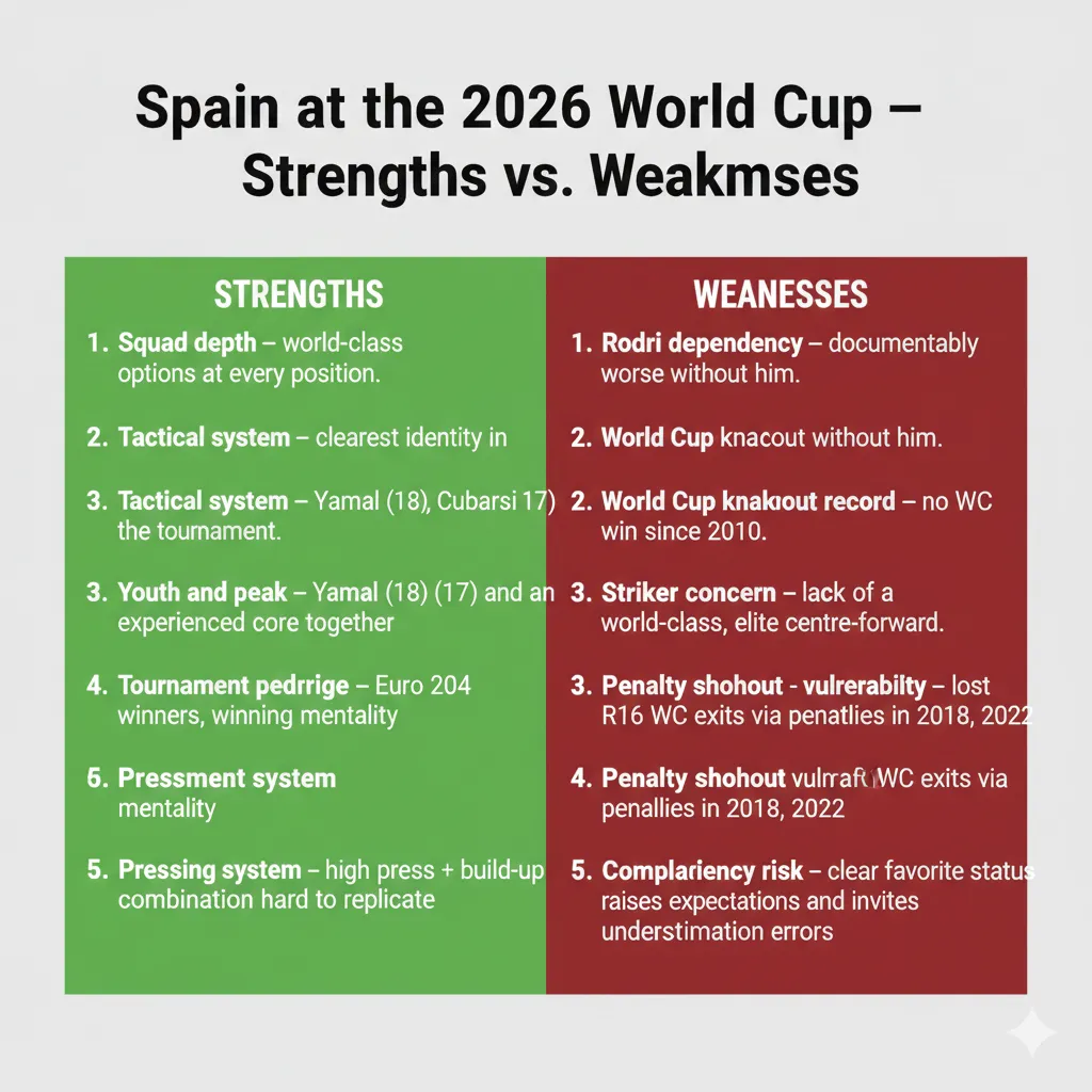 Two-column infographic comparing Spain's strengths and weaknesses at the 2026 FIFA World Cup