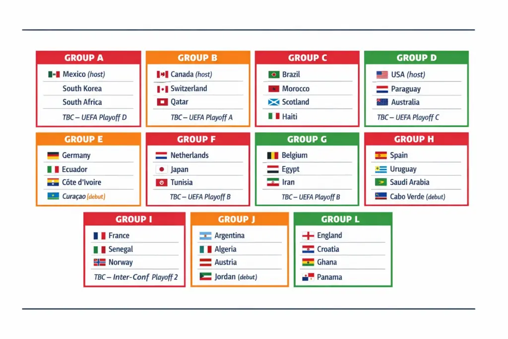 Grid showing all 12 groups of the 2026 FIFA World Cup from Group A to Group L with team names and difficulty color coding