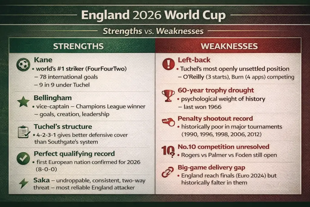 England 2026 World Cup strengths and weaknesses comparison showing Kane's goals, Bellingham as vice-captain, and left-back competition between O'Reilly and Burn