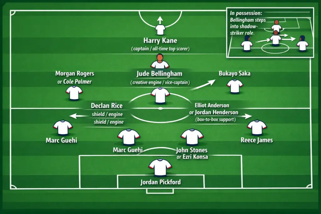 England 2026 World Cup 4-2-3-1 formation diagram with player positions, showing Harry Kane as captain, Jude Bellingham as vice-captain creative engine, and Nico O'Reilly or Dan Burn at left-back