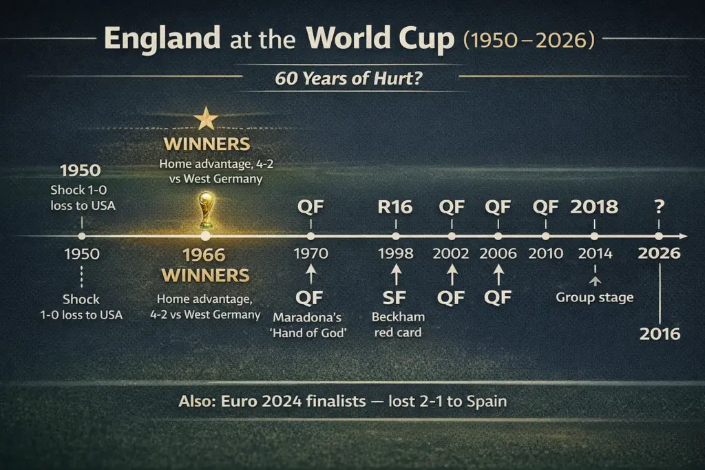 England World Cup history timeline from 1950 to 2026 highlighting the 1966 World Cup win and showing 60 years since the only tournament victory