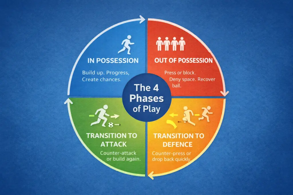 Football Tactics Explained: A Complete Beginner's Guide (2026 World Cup) - Ultimate Tactical Guide 6 Circular diagram showing the four phases of football play — in possession, out of possession, transition to attack, and transition to defence — as a continuous cycle