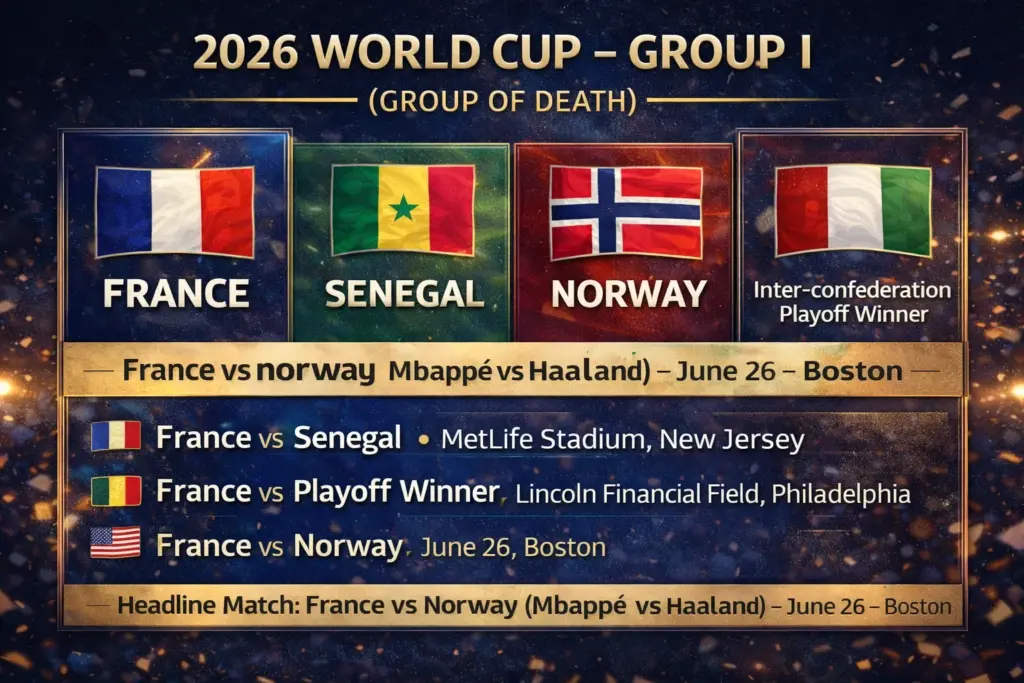 Infographic showing the four teams in 2026 FIFA World Cup Group I — France, Norway, Senegal, and the inter-confederation playoff winner — labelled the Group of Death with match schedule