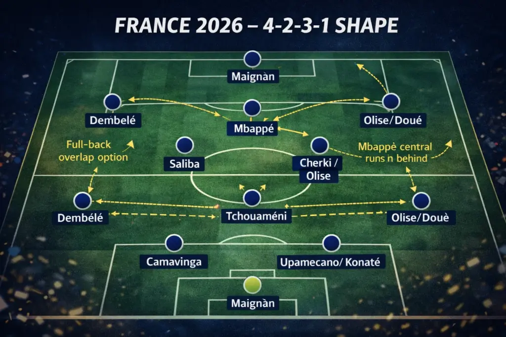 Pitch diagram showing France's 4-2-3-1 formation for the 2026 FIFA World Cup with player names and the Mbappé-Dembélé position flexibility highlighted