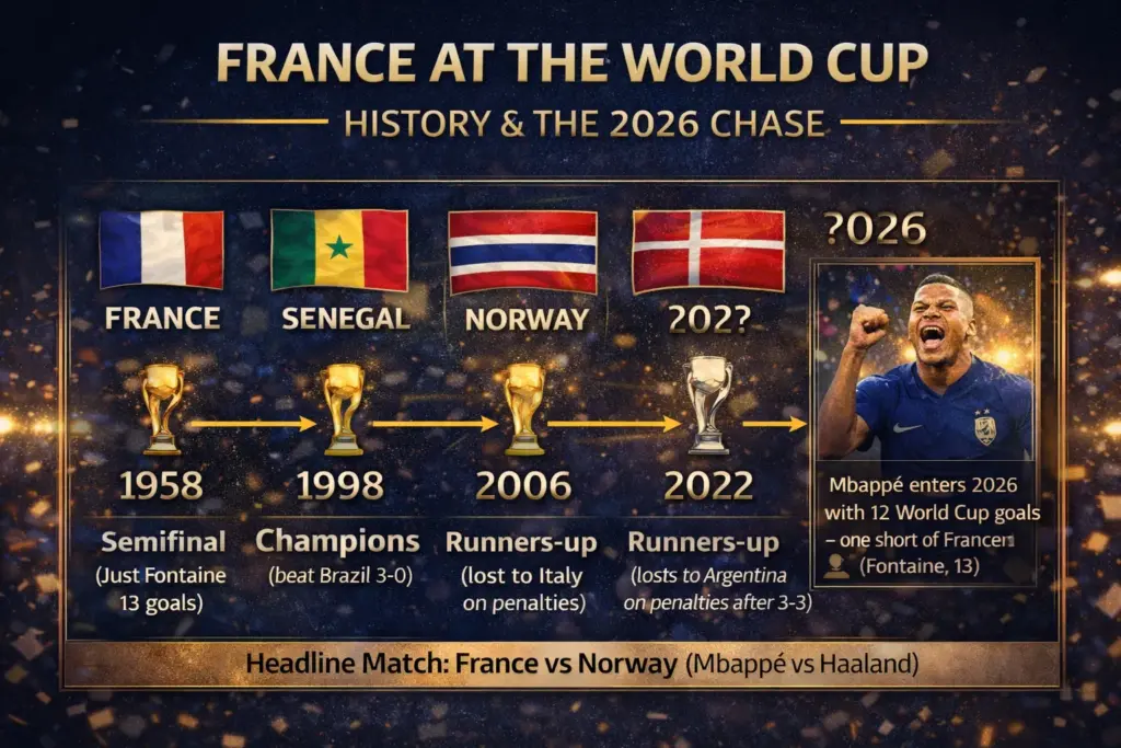 Horizontal timeline of France's FIFA World Cup history showing their 1998 and 2018 World Cup wins and their path toward a potential third consecutive final in 2026