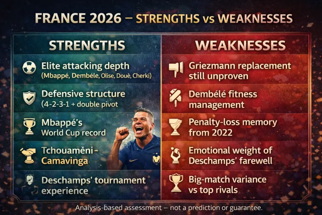 Two-column strengths and weaknesses infographic for France at the 2026 FIFA World Cup showing five strengths and five weaknesses