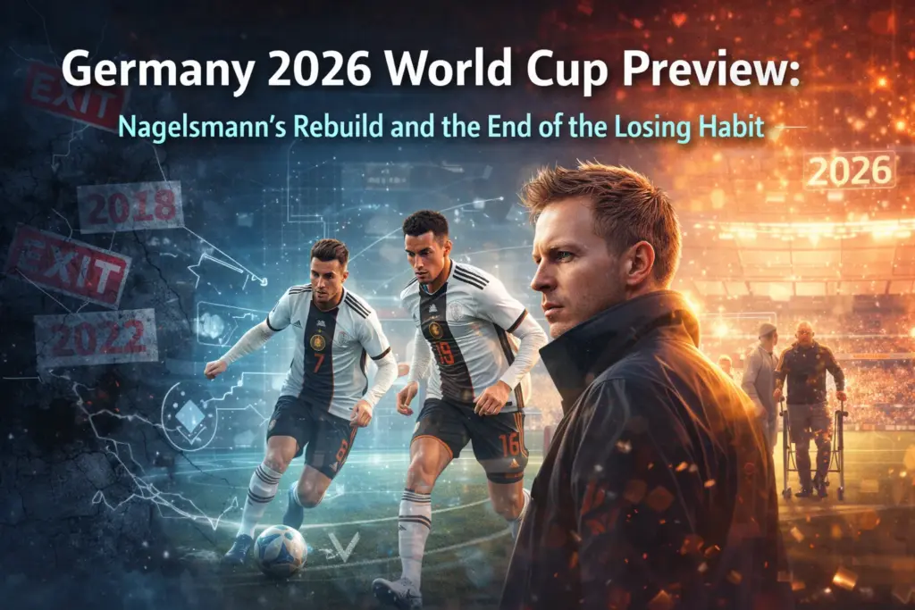 Banner image for Germany’s 2026 World Cup preview showing Julian Nagelsmann in the foreground, two German players in action, tactical graphics, and a split visual theme contrasting past tournament exits (2018, 2022) with a hopeful 2026 rebuild.