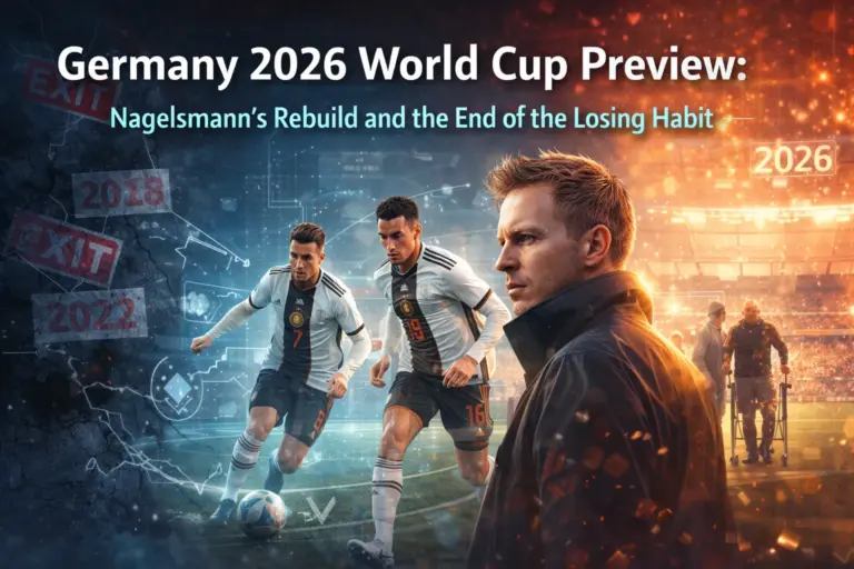Banner image for Germany’s 2026 World Cup preview showing Julian Nagelsmann in the foreground, two German players in action, tactical graphics, and a split visual theme contrasting past tournament exits (2018, 2022) with a hopeful 2026 rebuild.