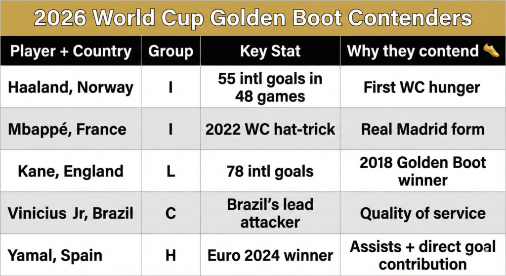 Comparison graphic showing table of the five leading Golden Boot contenders at the 2026 FIFA World Cup with their group assignments, key statistics, and reasons for contention.