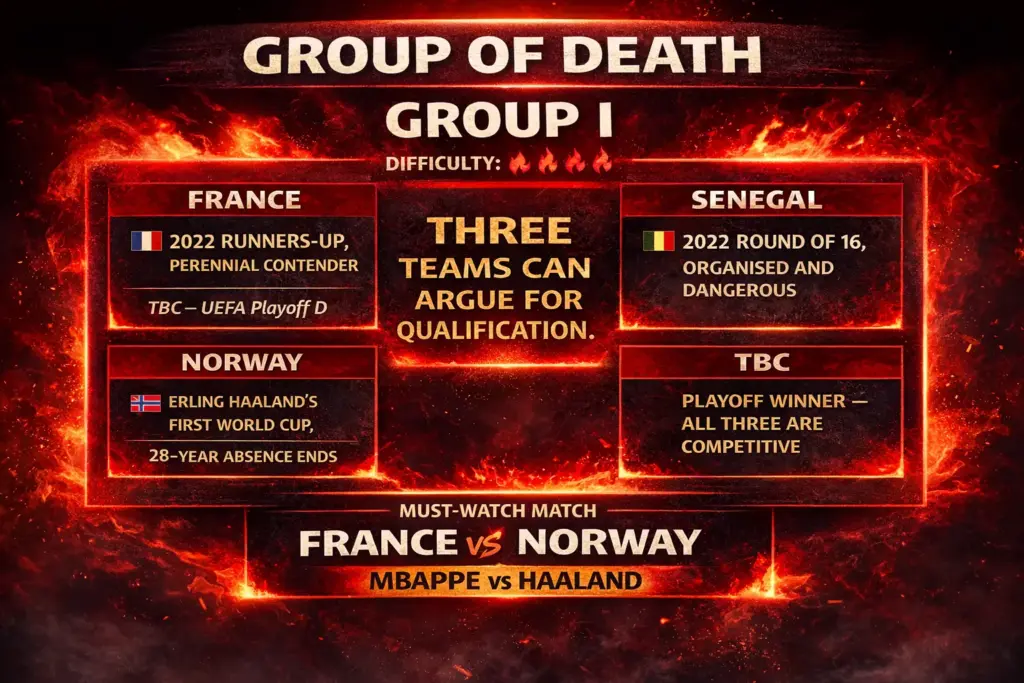 Infographic spotlighting Group I as the 2026 FIFA World Cup Group of Death, featuring France, Norway, Senegal, and a TBC playoff qualifier