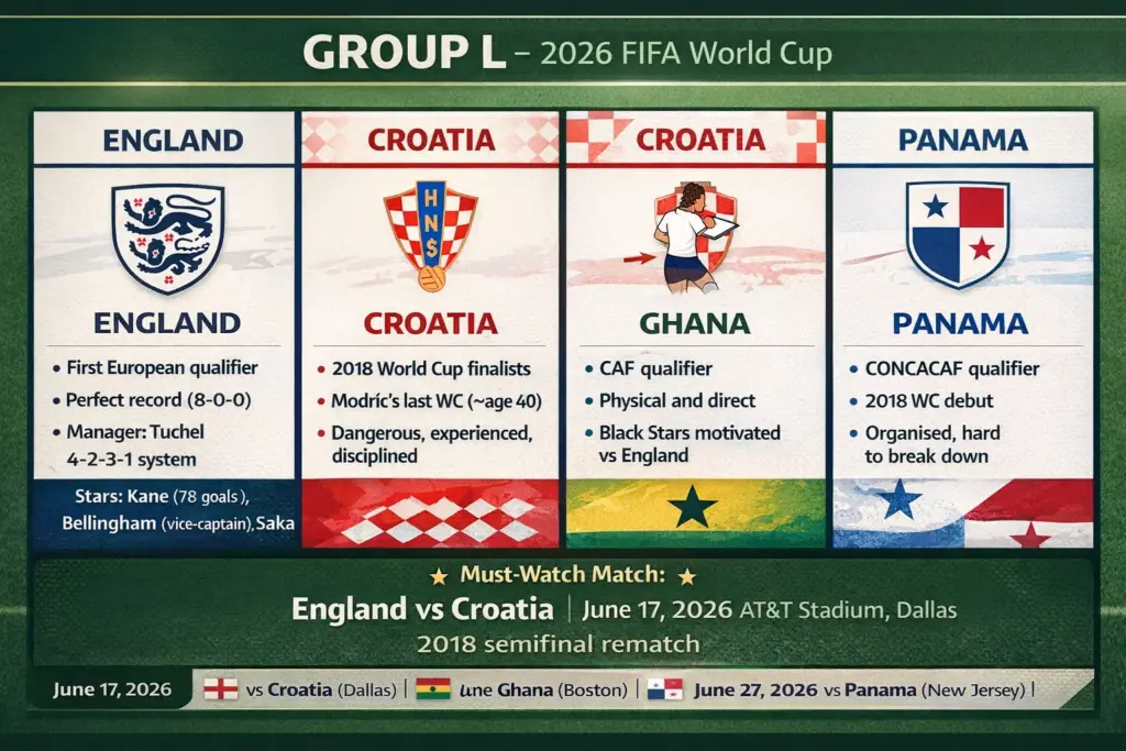 England 2026 World Cup Group L opponents graphic showing Croatia, Ghana, and Panama with complete match schedule including full dates