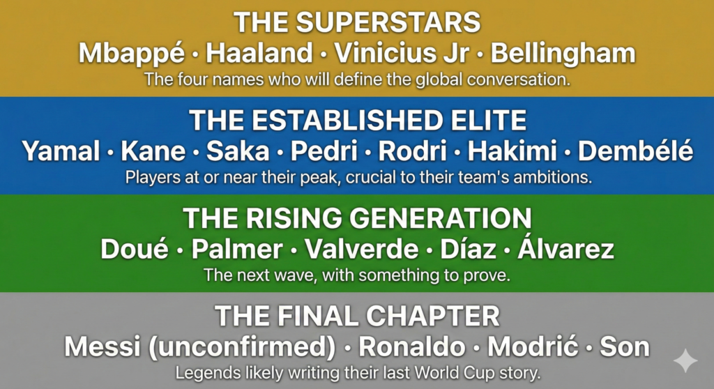 Text-based infographic organizing 2026 FIFA World Cup players into four distinct tiers: The Superstars, The Established Elite, The Rising Generation, and The Final Chapter.