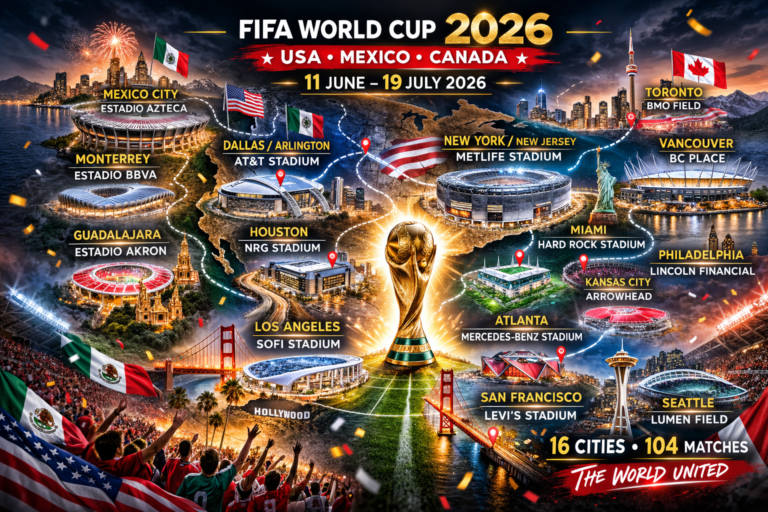 2026 World Cup Stadiums & Host Cities: Complete Guide to All 16 Venues 4 2026 World Cup stadiums map showing host cities across USA, Mexico and Canada, with key venues like MetLife Stadium (Final) and AT&T Stadium (most matches)