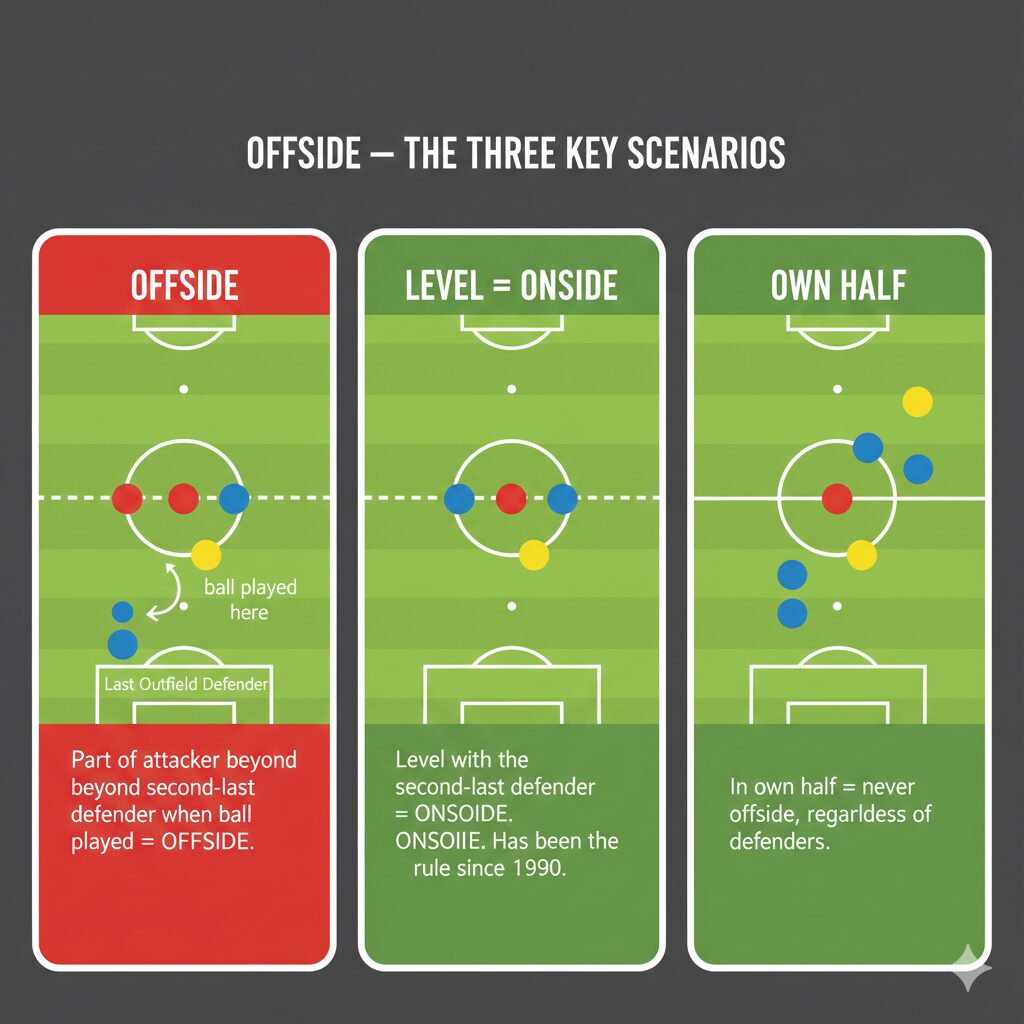 Three-panel diagram illustrating offside, level-onside, and own-half safety positions.