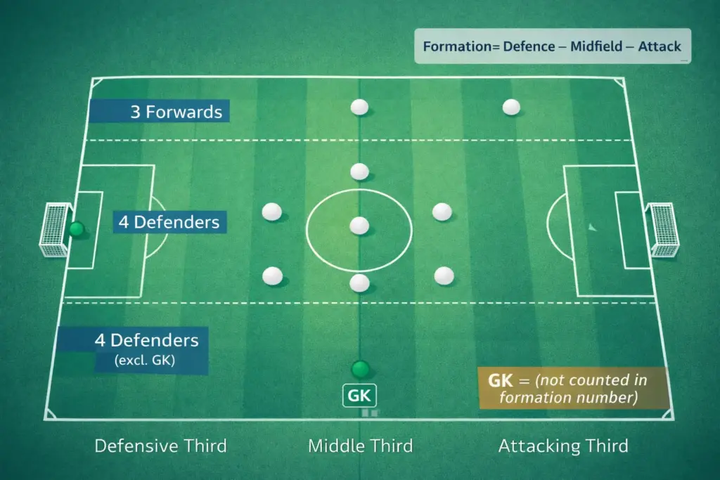 Football Tactics Explained: A Complete Beginner's Guide (2026 World Cup) - Ultimate Tactical Guide 3 Pitch diagram showing how the 4-3-3 football formation is structured and how formation numbers are read from defence to attack