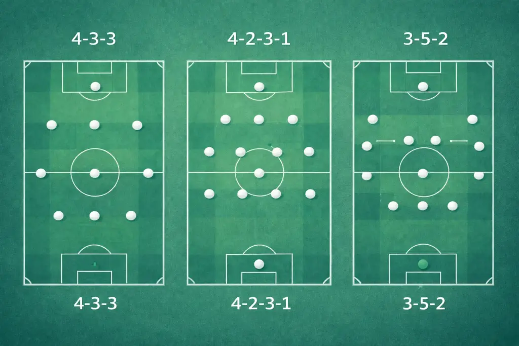 Football Tactics Explained: A Complete Beginner's Guide (2026 World Cup) - Ultimate Tactical Guide 4 Side-by-side comparison of three common football formations — 4-3-3, 4-2-3-1, and 3-5-2 — showing player positions on a pitch diagram