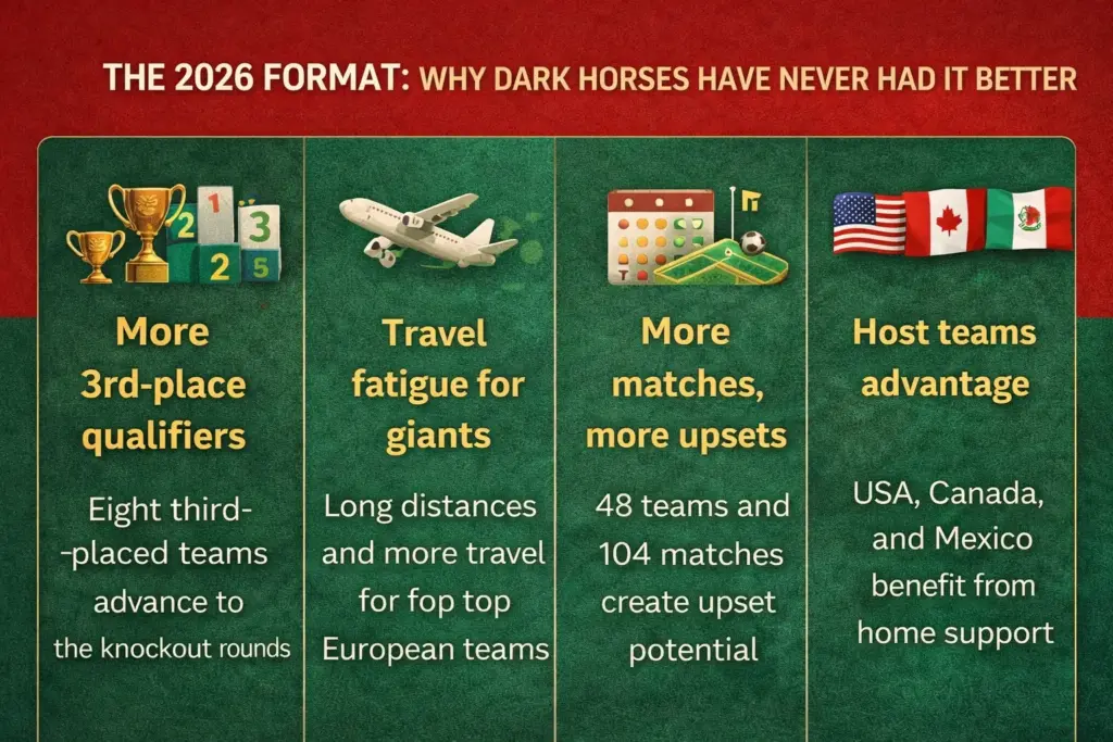Vertical infographic titled “Why the 2026 Format Favours Dark Horses,” showing four reasons the expanded 2026 World Cup helps outsider teams: more qualification paths through eight third-place spots, travel fatigue for favorites, host-nation crowd effects in the USA, Canada, and Mexico, and an extra match increasing momentum and upset potential.