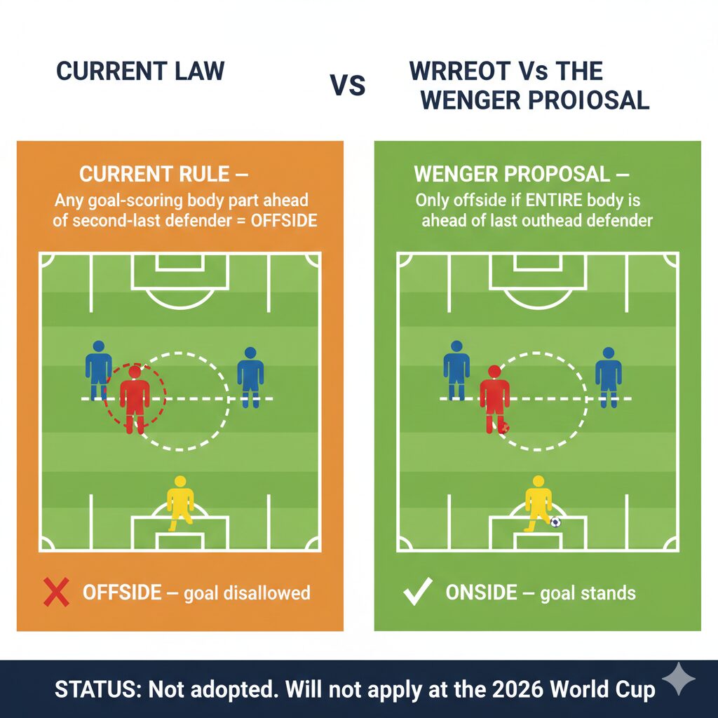 Side-by-side comparison of the current offside rule versus the proposed "Whole Body" Wenger law.