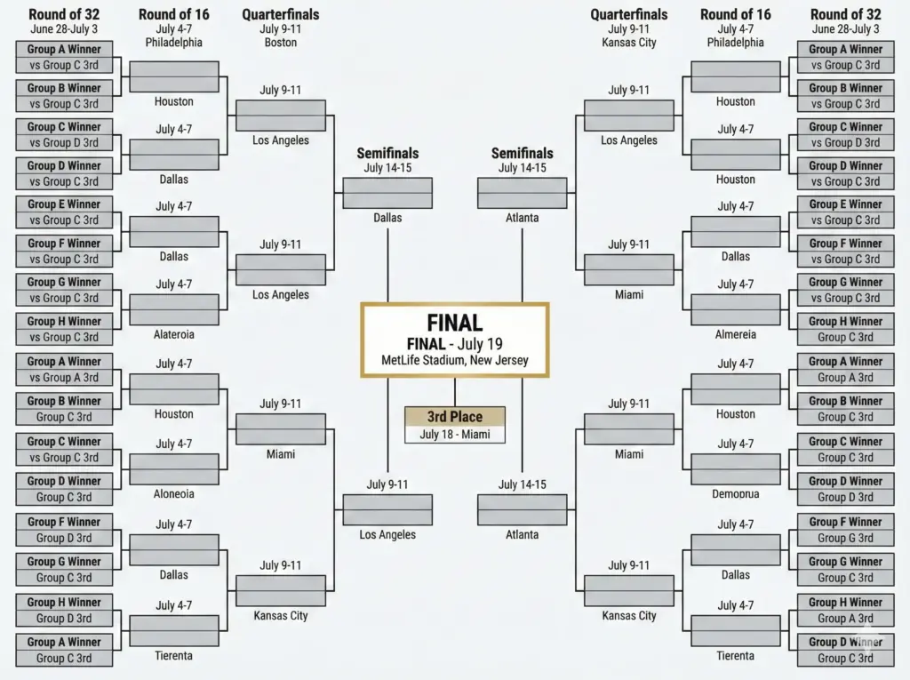 detailed knockout bracket for the 2026 World Cup showing the progression from the Round of 32 through to the Final on July 19 at MetLife Stadium, including dates and host cities for every match.