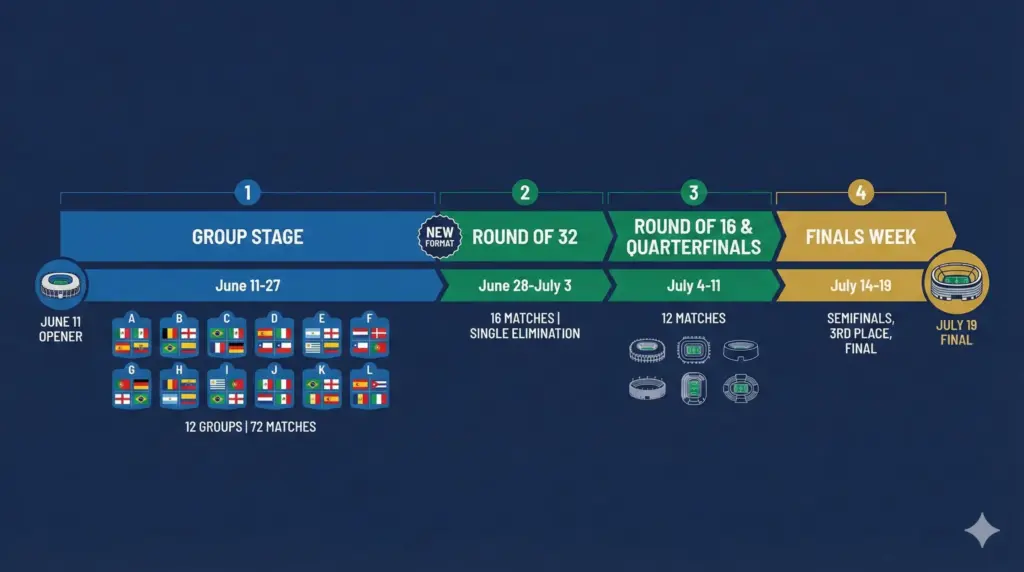 Complete 2026 World Cup match schedule timeline showing all stages from the opening match to the Final