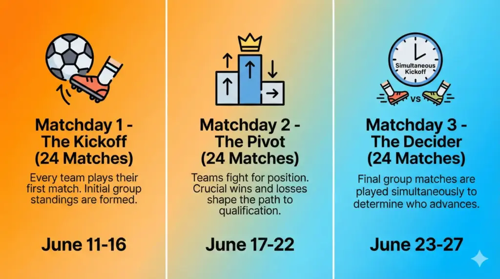 Infographic explaining the three-matchday structure of the 2026 World Cup group stage