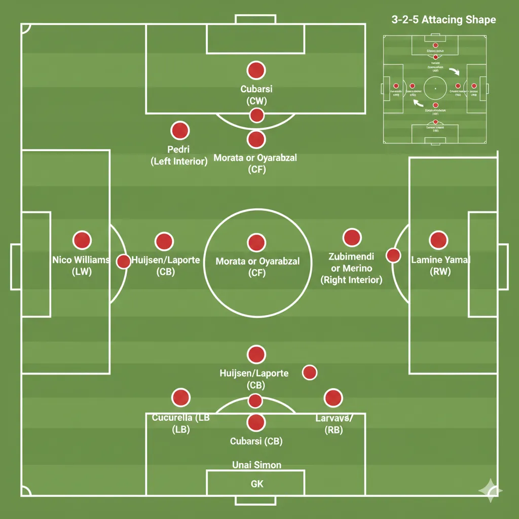Pitch diagram showing Spain's 4-3-3 formation for the 2026 FIFA World Cup with player names and attacking shape overlay
