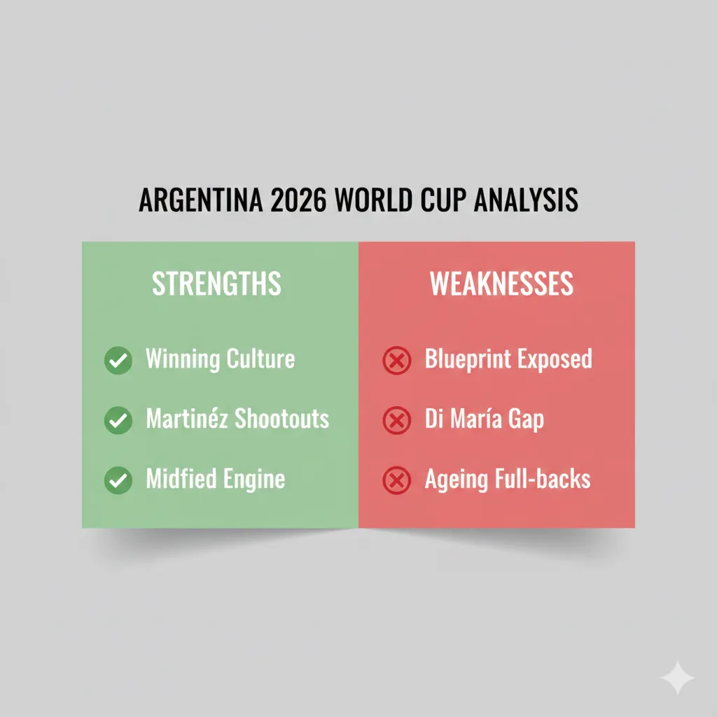 Infographic analyzing the strengths and weaknesses of the Argentina 2026 World Cup squad.