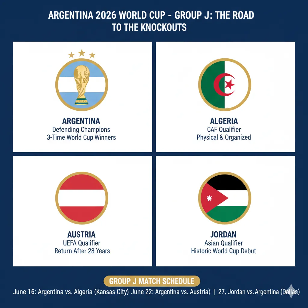 Argentina 2026 World Cup Group J infographic featuring Algeria, Austria, and Jordan with match dates and venues.