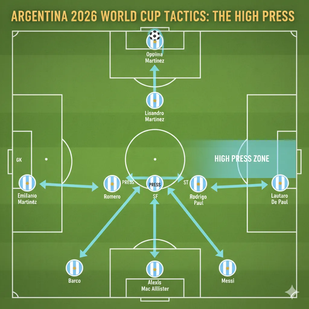 Tactical pitch diagram of the Argentina 2026 World Cup starting XI showing the 4-3-3 formation and high-press zones.