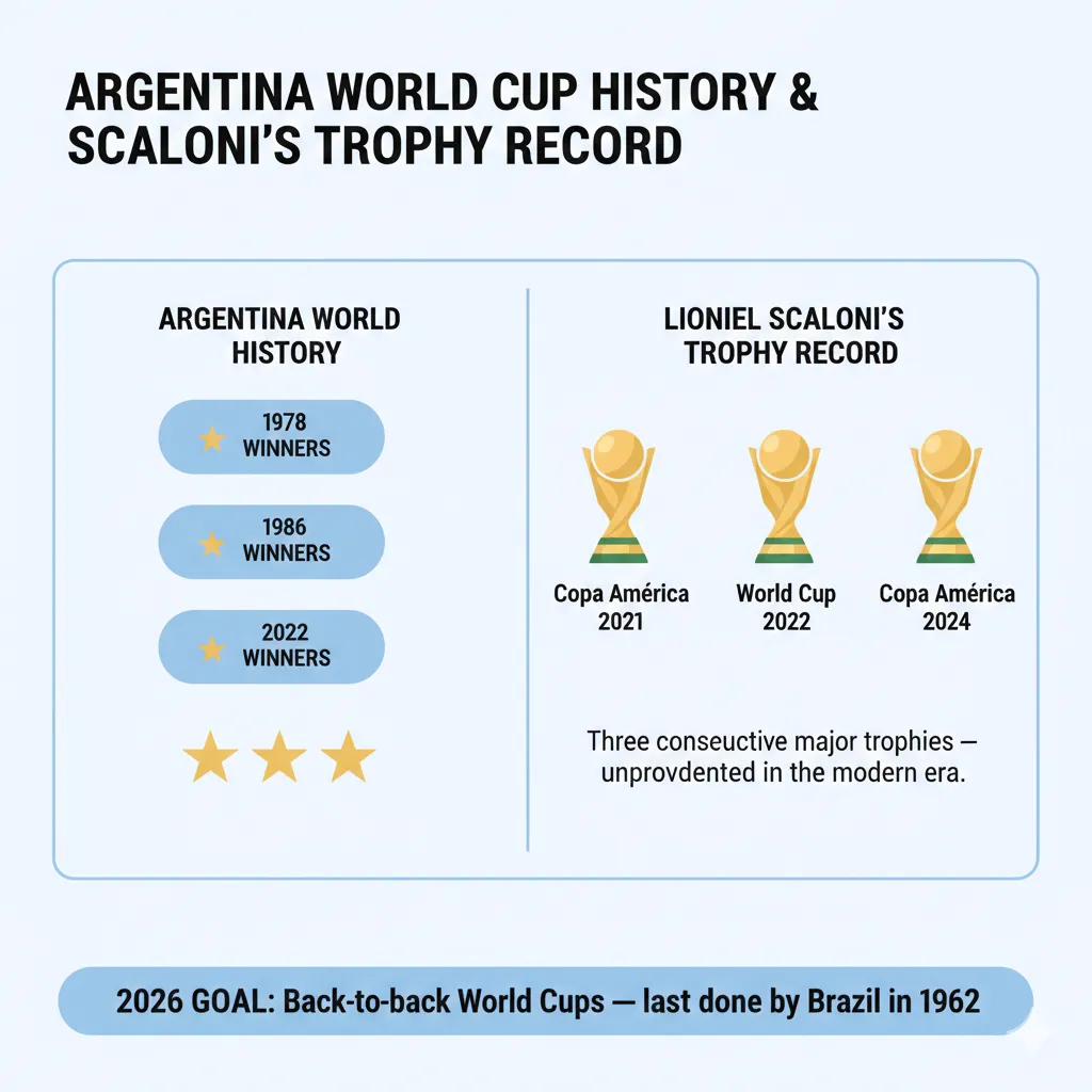 Graphic of Argentina’s three World Cup wins (1978, 1986, 2022) and Lionel Scaloni’s consecutive major titles.