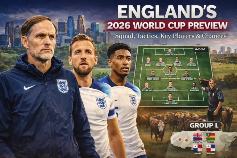 England 2026 World Cup: Complete Squad, Tactics & Winning Chances Preview 10 Banner image for an England 2026 World Cup preview showing Thomas Tuchel, Harry Kane, Jude Bellingham and Bukayo Saka, with a tactical board, Group L graphic, and a tournament-themed background.